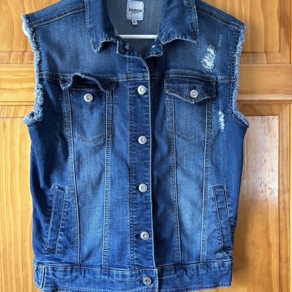 Kensie Girl Distressed Sleeveless Denim Vest Pockets Women's‎ Size Small Vintage - Picture 1 of 8